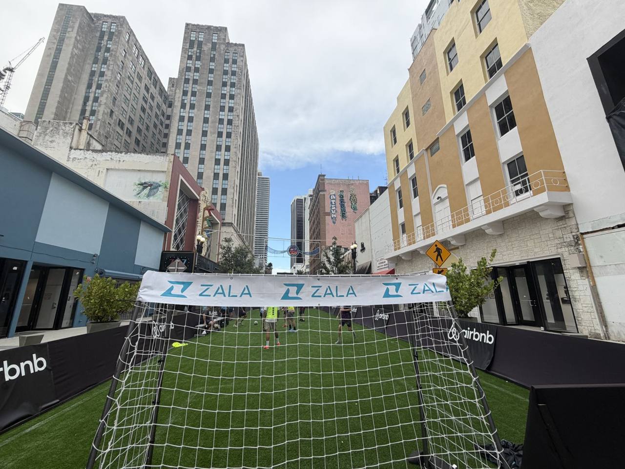 The ZALA banner over the Airbnb pop-up pitch in downtown Miami